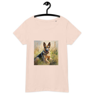 Women's classic graphic t-shirt featuring a majestic and friendly German Shepherd in a field, radiating loyalty and strength