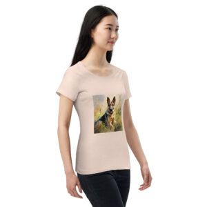 Women's classic graphic t-shirt featuring a majestic and friendly German Shepherd in a field, radiating loyalty and strength