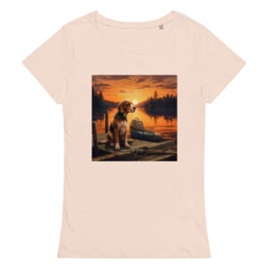 Women's T-shirt featuring a Beagle sitting on a boat dock, capturing a serene lakeside scene