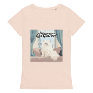 Women's T-shirt showcasing a Persian cat lounging on a couch, exuding elegance, with the word 'Elegance' written stylishly.
