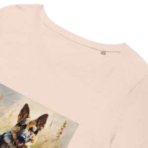 Women's classic graphic t-shirt featuring a majestic and friendly German Shepherd in a field, radiating loyalty and strength