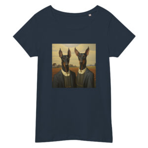 Women's T-shirt depicting two Dobermans on a farm, inspired by the style of the famous farm painting, capturing the majesty and grace of these dogs in a rustic setting.