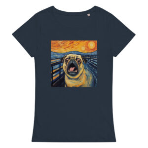 Graphic tee featuring a comical rendition of a pug dog in the iconic style of 'The Scream' painting, humorously capturing the pug's expression in bold strokes.