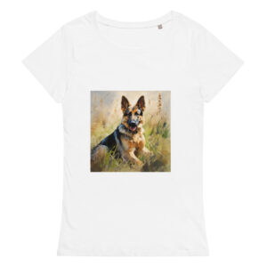 Women's classic graphic t-shirt featuring a majestic and friendly German Shepherd in a field, radiating loyalty and strength