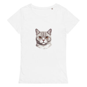 Women's graphic t-shirt featuring a friendly shorthair cat design, adding charm and playfulness to your wardrobe.