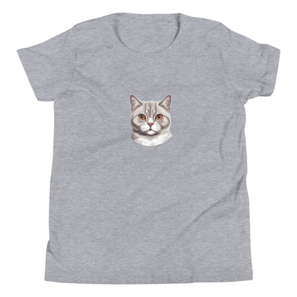 Youth graphic t-shirt featuring a friendly shorthair cat design, adding charm and playfulness to your wardrobe.