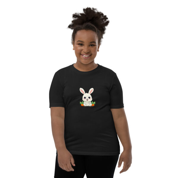 Youth classic graphic t-shirt featuring a friendly rabbit holding a carrot, adding charm and whimsy to your wardrobe