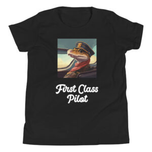 Youth classic graphic t-shirt showcasing a snake piloting a plane, with the words 'First Class Pilot' displayed, exuding confidence and adventure.