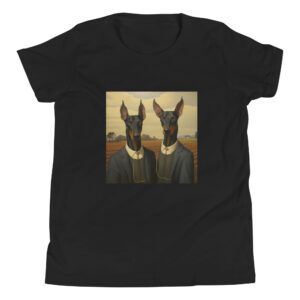 Youth T-shirt depicting two Dobermans on a farm, inspired by the style of the famous farm painting, capturing the majesty and grace of these dogs in a rustic setting.
