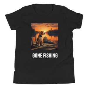 Youth T-shirt featuring a Beagle sitting on a boat dock, with the words 'Gone Fishing' above, capturing a serene lakeside scene