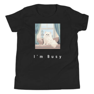 Youth T-shirt showcasing a Persian cat lounging on a couch, exuding elegance, with the words 'I’m Busy' written stylishly.