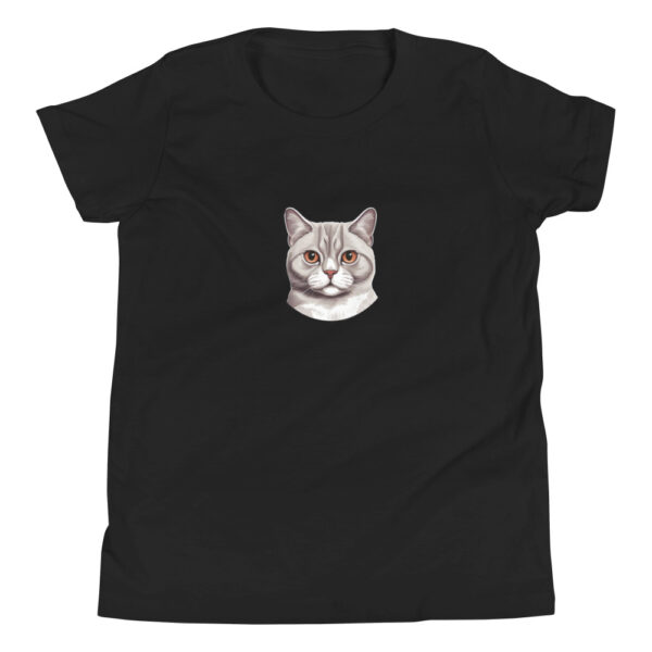 Youth graphic t-shirt featuring a friendly shorthair cat design, adding charm and playfulness to your wardrobe.