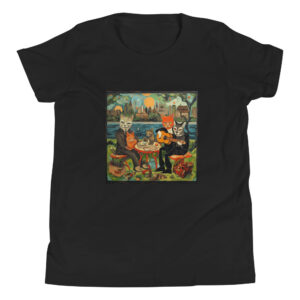 Youth T-shirt with a playful Picasso-inspired painting featuring cats frolicking in the park, capturing the essence of feline grace and whimsy.