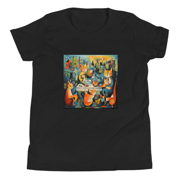 Youth T-shirt with a playful Picasso-inspired painting featuring cats frolicking in the park, capturing the essence of feline grace and whimsy.