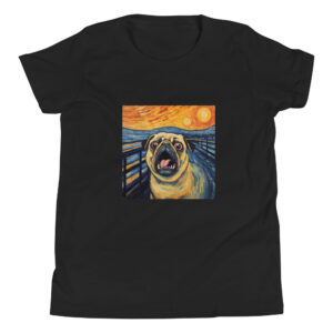 Graphic tee featuring a comical rendition of a pug dog in the iconic style of 'The Scream' painting, humorously capturing the pug's expression in bold strokes.