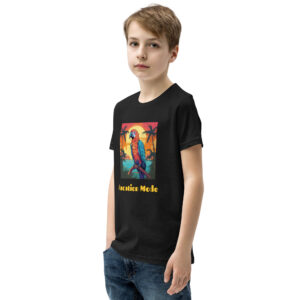 Youth classic graphic t-shirt featuring a parrot perched on a tropical tree branch against a scenic beach background, with the text 'Vacation Mode', evoking a sense of relaxation and tropical paradise