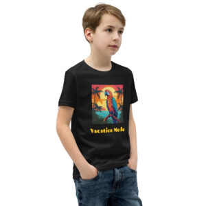 Youth classic graphic t-shirt featuring a parrot perched on a tropical tree branch against a scenic beach background, with the text 'Vacation Mode', evoking a sense of relaxation and tropical paradise