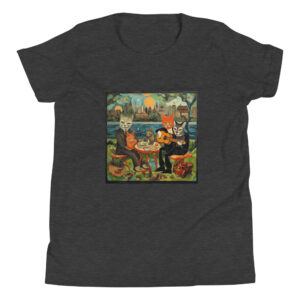 Youth T-shirt with a playful Picasso-inspired painting featuring cats frolicking in the park, capturing the essence of feline grace and whimsy.