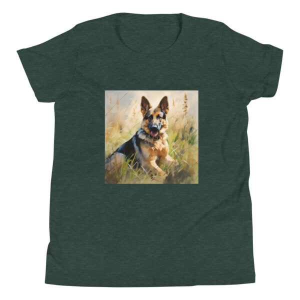 Youth classic graphic t-shirt featuring a majestic and friendly German Shepherd in a field, radiating loyalty and strength