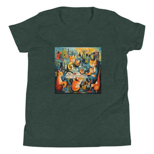 Youth T-shirt with a playful Picasso-inspired painting featuring cats frolicking in the park, capturing the essence of feline grace and whimsy.