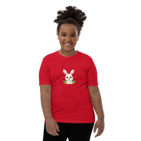 Youth classic graphic t-shirt featuring a friendly rabbit holding a carrot, adding charm and whimsy to your wardrobe