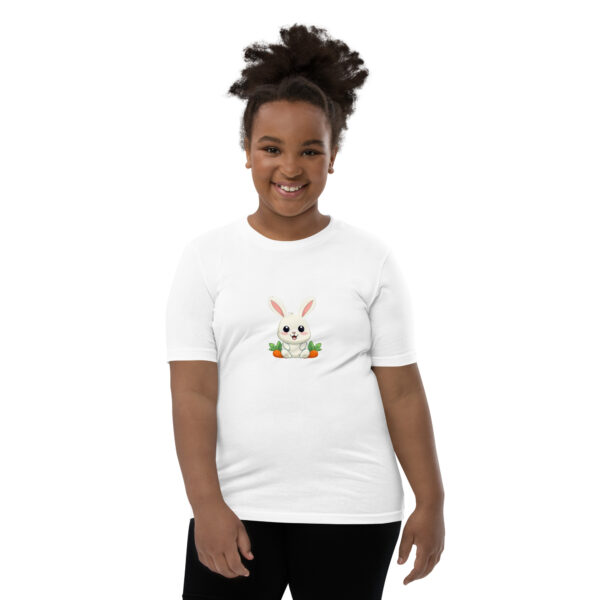 Youth classic graphic t-shirt featuring a friendly rabbit holding a carrot, adding charm and whimsy to your wardrobe