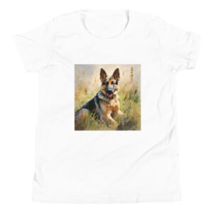 Youth classic graphic t-shirt featuring a majestic and friendly German Shepherd in a field, radiating loyalty and strength