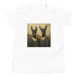 Youth T-shirt depicting two Dobermans on a farm, inspired by the style of the famous farm painting, capturing the majesty and grace of these dogs in a rustic setting.