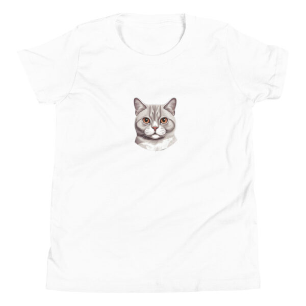 Youth graphic t-shirt featuring a friendly shorthair cat design, adding charm and playfulness to your wardrobe.