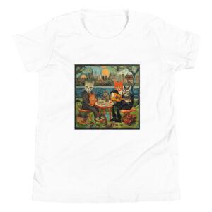 Youth T-shirt with a playful Picasso-inspired painting featuring cats frolicking in the park, capturing the essence of feline grace and whimsy.