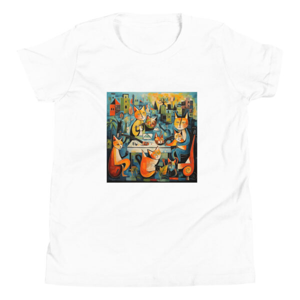 Youth T-shirt with a playful Picasso-inspired painting featuring cats frolicking in the park, capturing the essence of feline grace and whimsy.