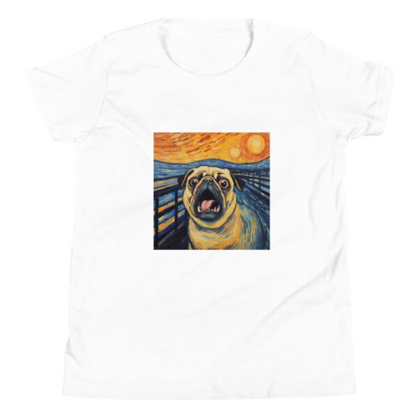 Graphic tee featuring a comical rendition of a pug dog in the iconic style of 'The Scream' painting, humorously capturing the pug's expression in bold strokes.