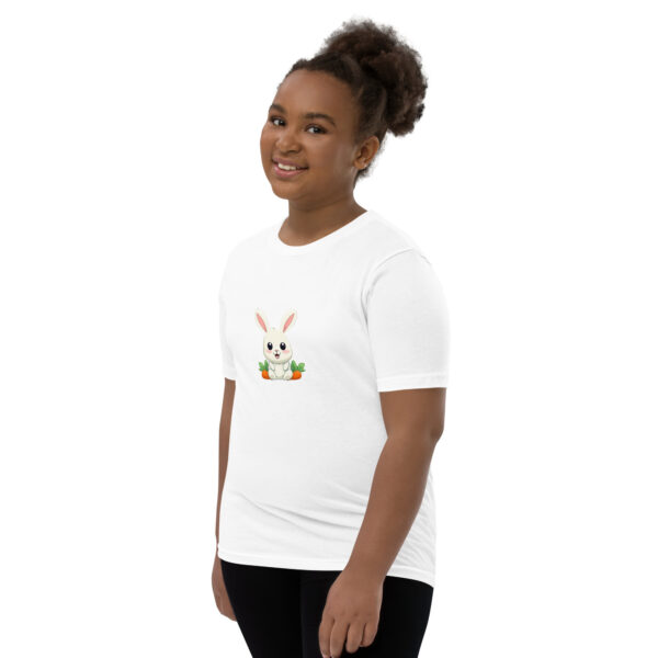 Youth classic graphic t-shirt featuring a friendly rabbit holding a carrot, adding charm and whimsy to your wardrobe