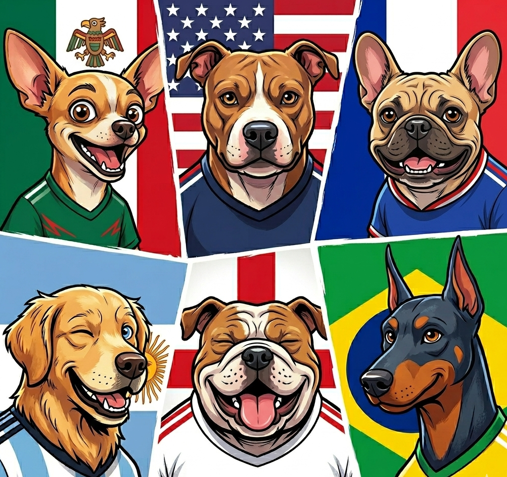A vibrant, 2D vector cartoon collage split into six diagonal panels, each featuring a cheerful, smiling dog character wearing a generic soccer jersey in front of its respective country's flag. Top Left (Mexico): A happy Chihuahua in a green jersey with white stripes, set against the Mexican flag. Top Center (USA): A smiling Pitbull wearing a dark blue jersey, in front of the American stars and stripes flag. Top Right (France): A joyful French Bulldog wearing a blue, white, and red jersey, with the French tricolor flag backdrop. Bottom Left (Argentina): A winking Golden Retriever wearing a light blue and white striped jersey, against the Argentine flag. Bottom Center (England): A laughing English Bulldog in a white jersey with red accents, in front of the St. George’s Cross flag. Bottom Right (Brazil): A smiling Doberman Pinscher wearing a yellow and green jersey, set against the Brazilian flag. The entire image has a bold, graphic illustration style with clean lines and a dynamic, high-energy sports theme.