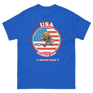 Team USA Soccer Shirt with golden retriever in soccer gear and American flag design by Mypetstee