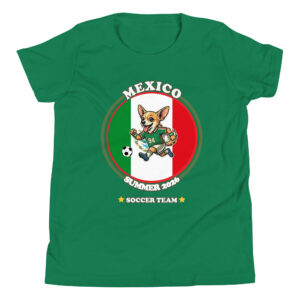 Team Mexico Soccer Youth Shirt with Chihuahua in soccer gear and Mexican flag design by Mypetstee
