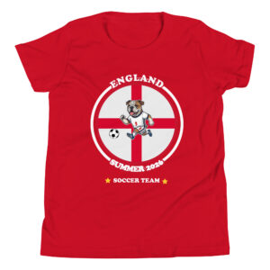 Team England Soccer Youth Shirt with Bulldog in soccer gear and St George's Cross design by Mypetstee