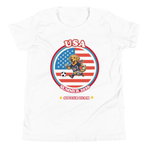 Team USA Soccer Youth Shirt with golden retriever in soccer gear and American flag design by Mypetstee