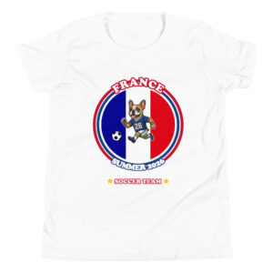Team France Soccer Youth shirt with a French bulldog in soccer gear and French flag designed by Mypetstee